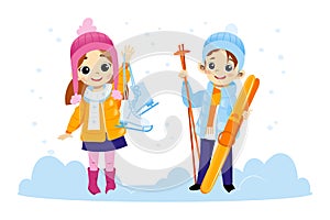 Two Happy Children Characters Standing In Snow Smiling And Waving Their Hands. Colorful Vector Illustration In Cartoon