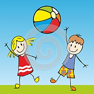 Two happy children with colorful beach ball, vector illustration, eps.