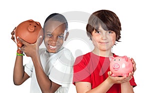 Two happy children with moneybox savings photo