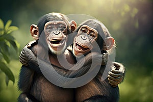 Two Happy Chimpanzees Hugging Each Other in a Blurred Nature Background - Generative AI