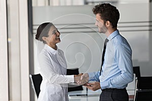 Two happy confident diverse business people shaking hands in office