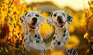 Two happy Dalmatians posing in vibrant autumn vineyard with golden leaves photo