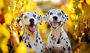Two happy Dalmatians smiling in vibrant vineyard during autumn season photo