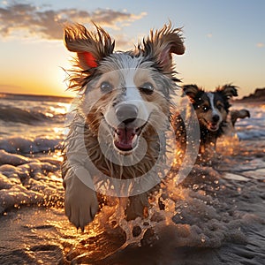 Two happy dogs racing on the beach.