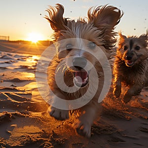 Two happy dogs racing on the beach at sunset.