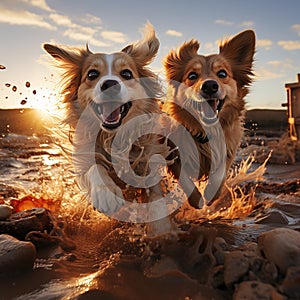 Two happy dogs racing on the beach at waters edge.