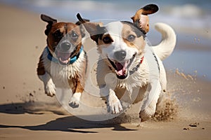 Two happy dogs running on the beach, Jack Russell Terrier, Jack Russell Terrier, Jack Russell Terrier and Jack Russell Terrier