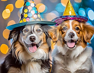 Two happy dogs with tongues out and funny hats on.