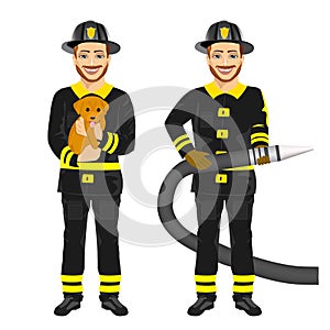 Two happy firemen working holding hose and rescuing cute dog