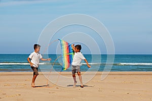 Two happy handsome little boys play with kite