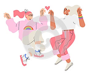 Two happy jumping woman in trendy flat style for print, emblem, logo isolated. Concept of lesbian or bisexual couple or marriage,