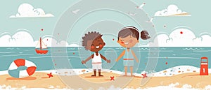 Two happy kids playing on the beach. Summer, vacation, sun. Flat illustration for web. Diversity story