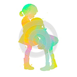 Two happy kids playing together silhouette plus abstract watercolor with clipping path