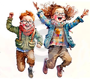 Two happy kids wearing glasses, jumping with joy, boy and girl on white background, digital watercolor painting