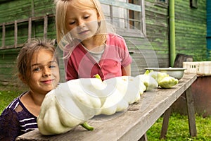 Two happy little girls in a garden after harvesting vegetables