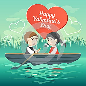 Two happy lovers in a boat on the lake. Valentine`s Day.