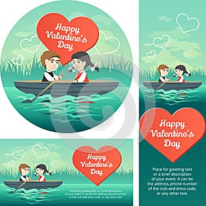 Two happy lovers in a boat on the lake. Valentine`s Day.