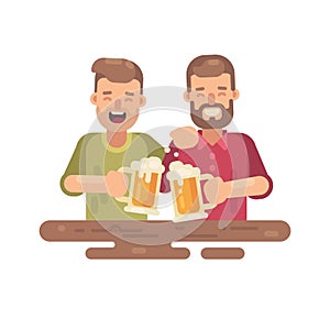 Two happy men drinking beer flat illustration