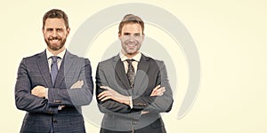 two happy men in suit. businessmen isolated on white. boss and employee. confident business partners