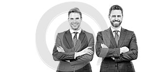 two happy men in suit. businessmen isolated on white. boss and employee. confident business partners