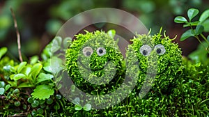 Two happy moss plants with googly eyes and smiles. Eco-awareness!