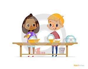 Two happy multiracial kids washing dishes isolated on white background. Children cleaning tableware. Montessori engaging education photo