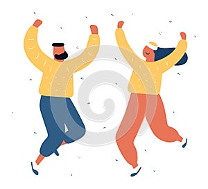 Two happy people dancing with joy, celebration moment. Man and woman enjoying party with happy emotion. Joyful dance and