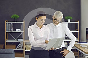 Two business people standing in office and looking at something on laptop screen
