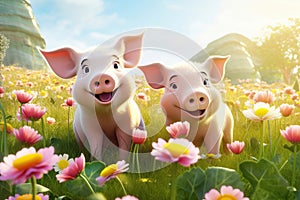 Two happy pigs on a flowery meadow, illustration generated by AI