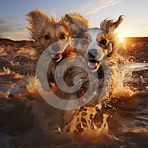 Two happy puppies racing on the beach.