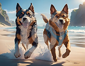 Two happy running dogs on a beach Generative AI