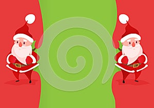 Two happy Santa Claus comes with a bag of gifts, there is an empty copy space on the bag. Advertisement and concept - Vector