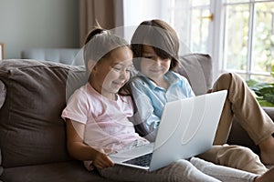 Two happy sibling kids talking on video call on laptop