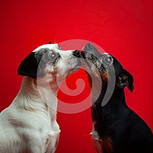 Two happy small dogs couple in love kissing on red background