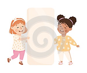 Two happy smiling girls holding white blank banner vector illustration