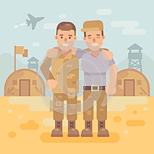 Two happy soldier friends in a military camp flat illustration