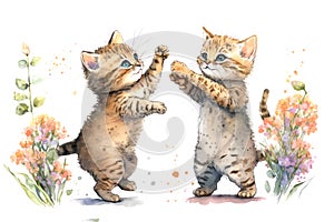 Two happy tabby kittens dancing in a spring flower garden.