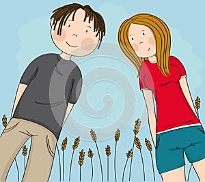 Two happy teenagers, boy and girl looking down at the camera and smiling, blue sky behind them