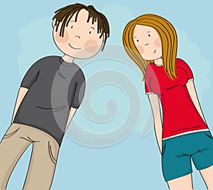 Two happy teenagers, boy and girl looking down at the camera and smiling, blue sky behind them - original hand drawn illustration