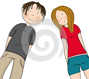 Two happy teenagers, boy and girl looking down at the camera and smiling - original hand drawn illustration