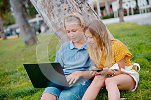 Two happy teens searching media content online in a laptop sitting on the grass in a park