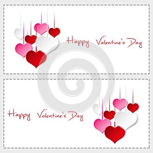 Two happy valentine cards with hanging colorful hearts