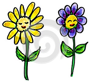Two Happy Whimsical Flowers Illustration