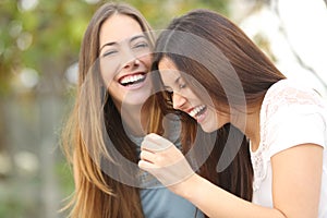 Two happy woman friends laughing