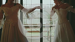 Two Happy women dancing spinning in classic room fun joy joyful smiling face Fairy tale bride adult girls beauty noble