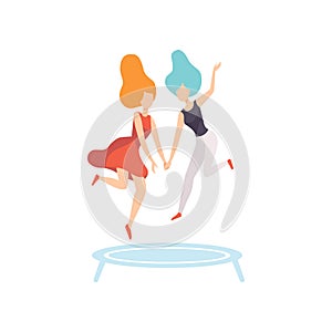 Two Happy Women Friends Jumping on Trampoline, Female Friendship Vector Illustration