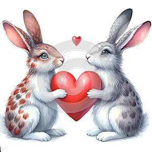 two hares with red heart for valentine\'s day card decor watercolor paint