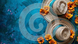 Two Hats Adorned With Yellow Flowers on Blue Background