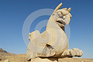 Two-headed Griffin statue in the ancient city of Persepolis, Iran.