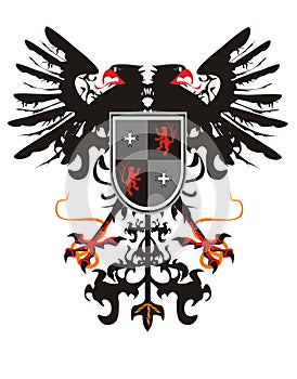 Two-headed heraldic eagle with a shield